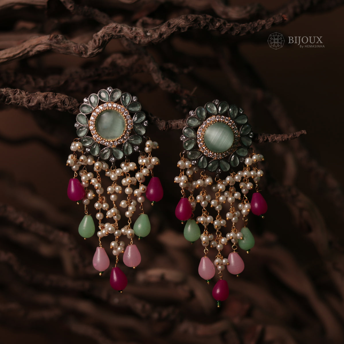 JHANSI CARVING STONES HANDMADE BEADED GOLD-TONED EARRING -ER93