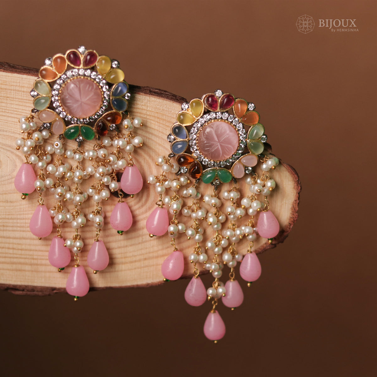 JHANSI CARVING STONES HANDMADE BEADED GOLD-TONED EARRING -ER93