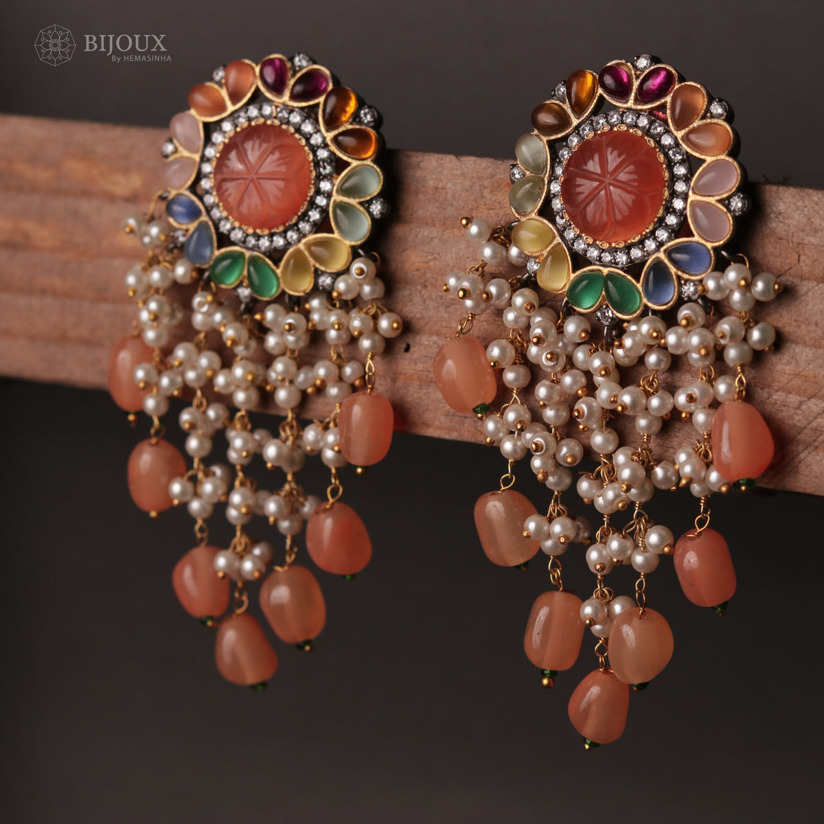 JHANSI CARVING STONES HANDMADE BEADED GOLD-TONED EARRING -ER93