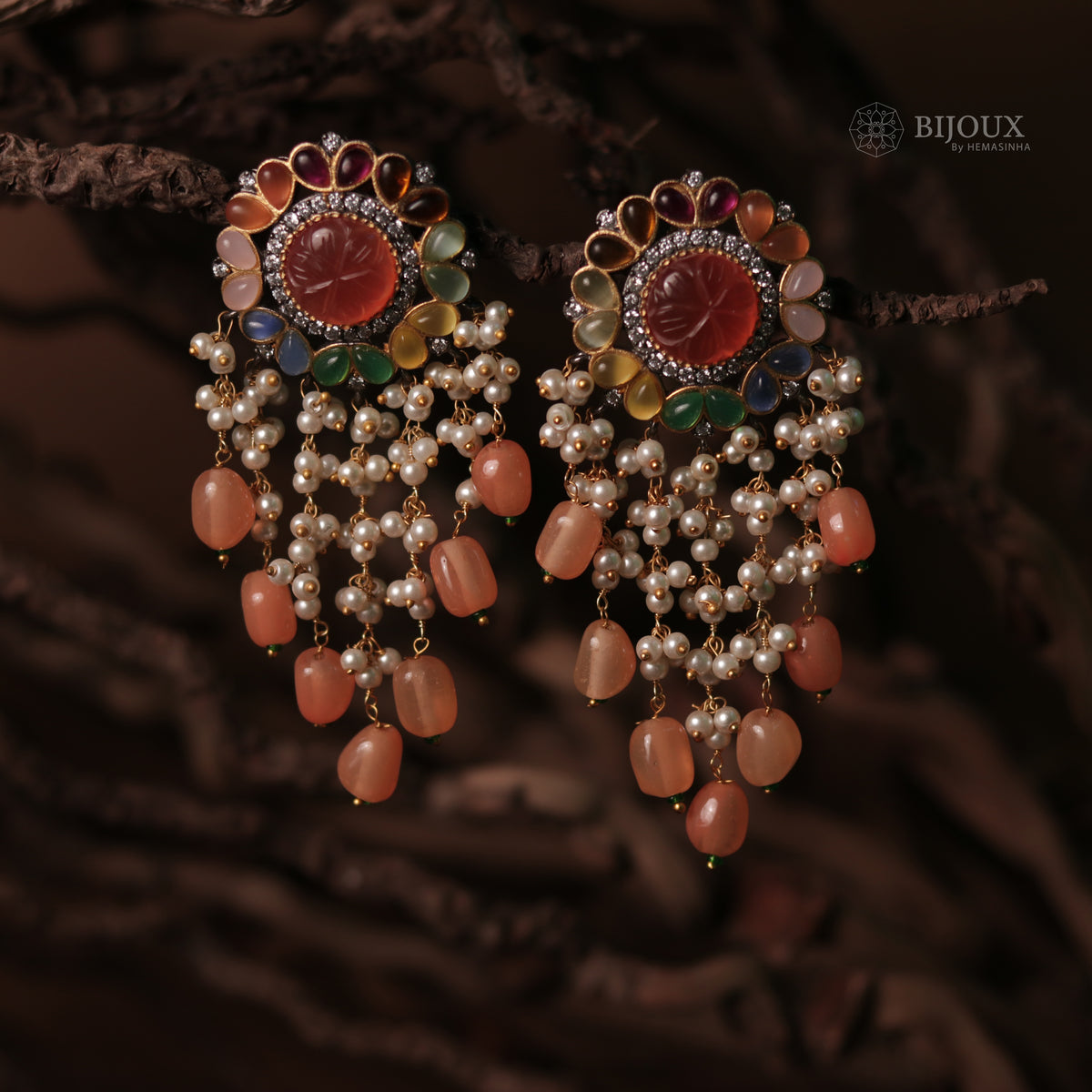 JHANSI CARVING STONES HANDMADE BEADED GOLD-TONED EARRING -ER93