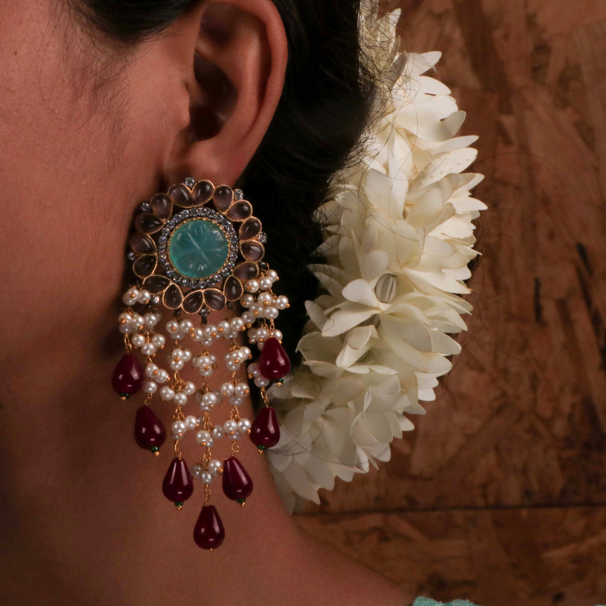 JHANSI CARVING STONES HANDMADE BEADED GOLD-TONED EARRING -ER93