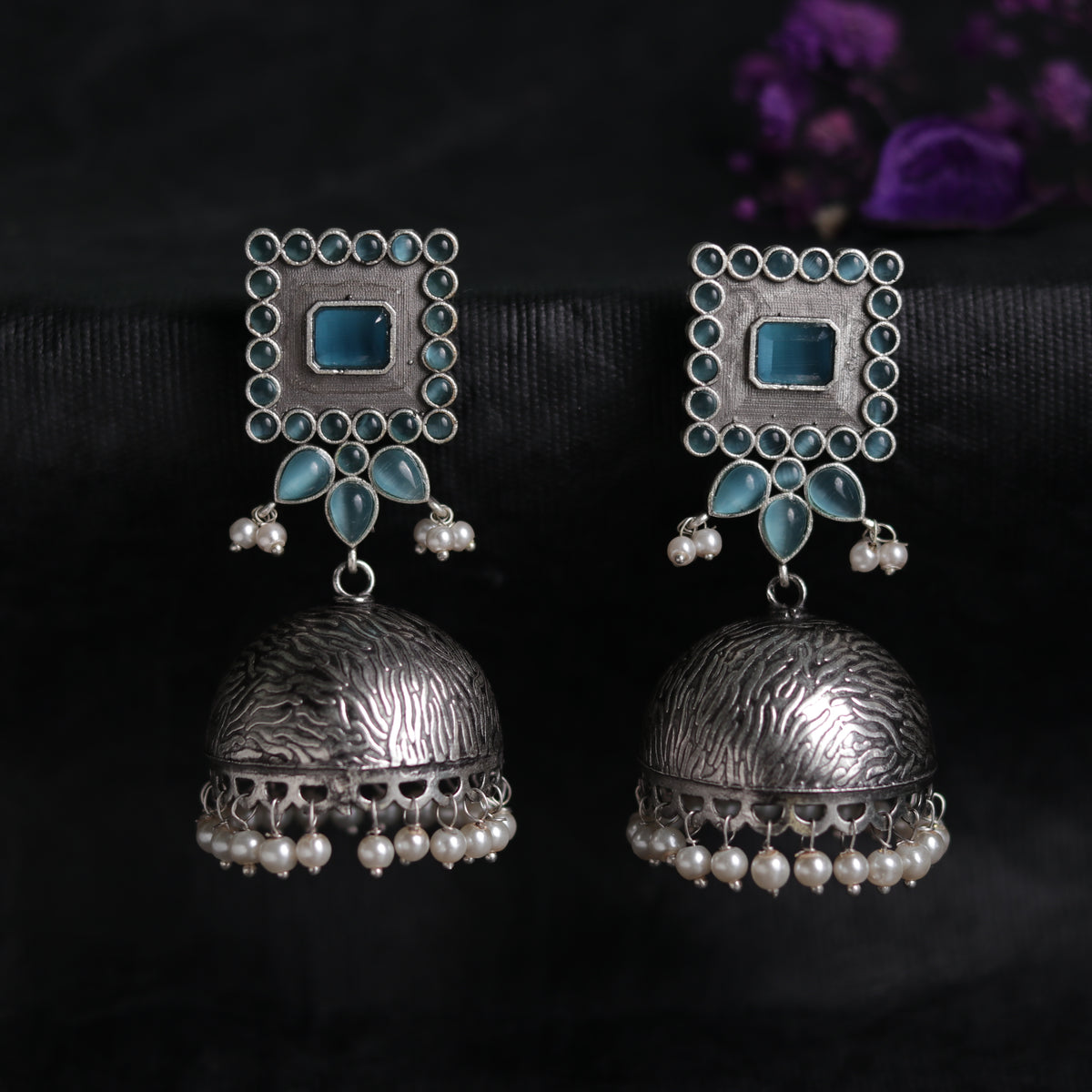ROYAL SQUARE ELEGANCE FAUX SILVER SEMI-HANDMADE JHUMKAS ER36