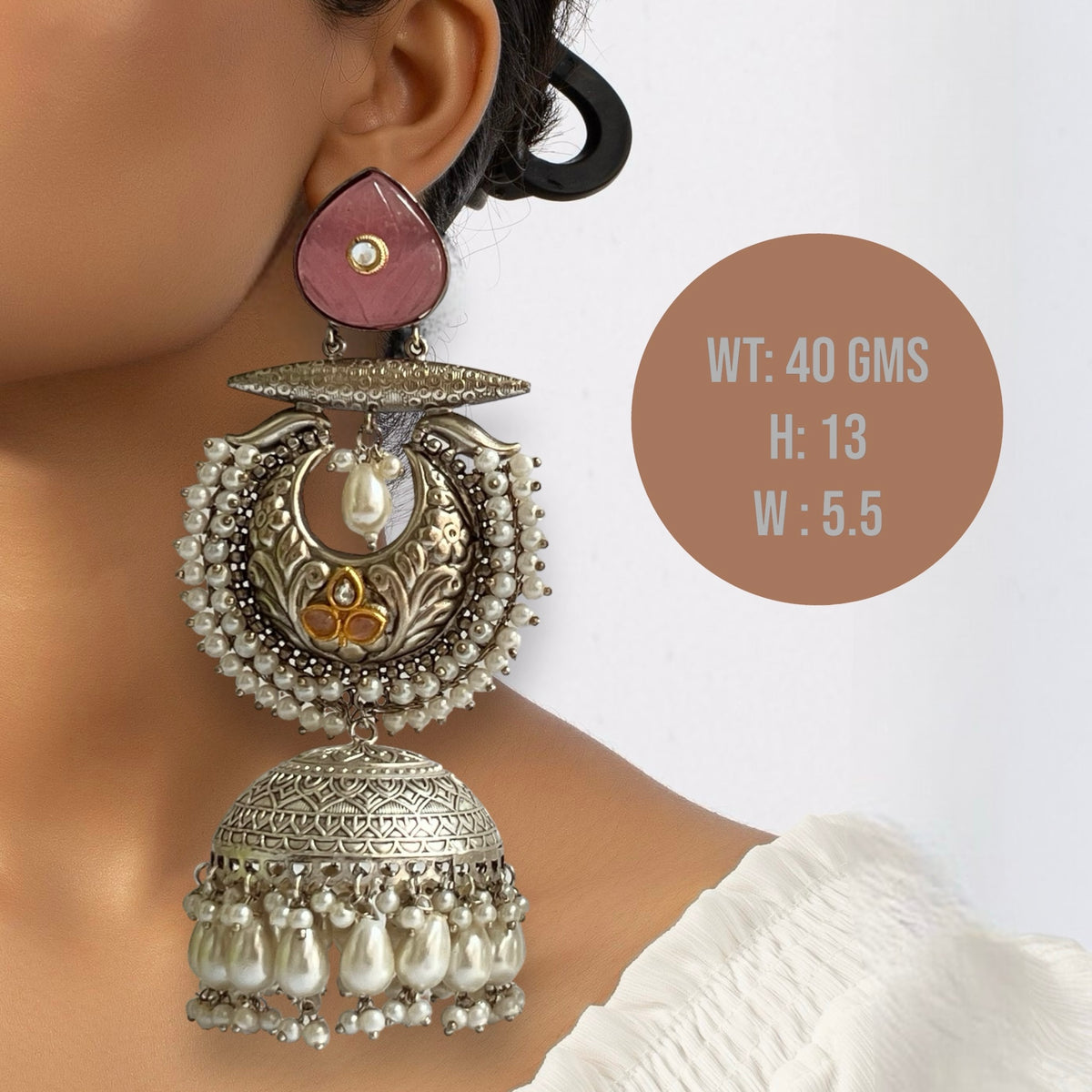 ALMAZ SILVER LOOK ALIKE DUAL-TONED SILVER POLISH HANDMADE JHUMKA ER560