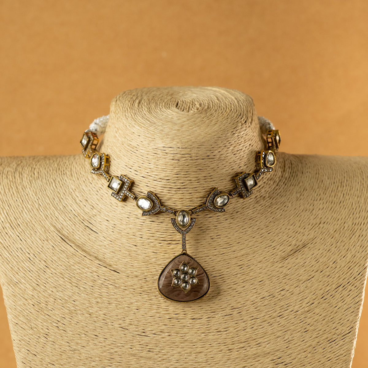 RISHONA DUAL TONED SEMI HANDMADE MONALISA STONES NECKPIECE/NECKLACE WITH EARRINGS NL320