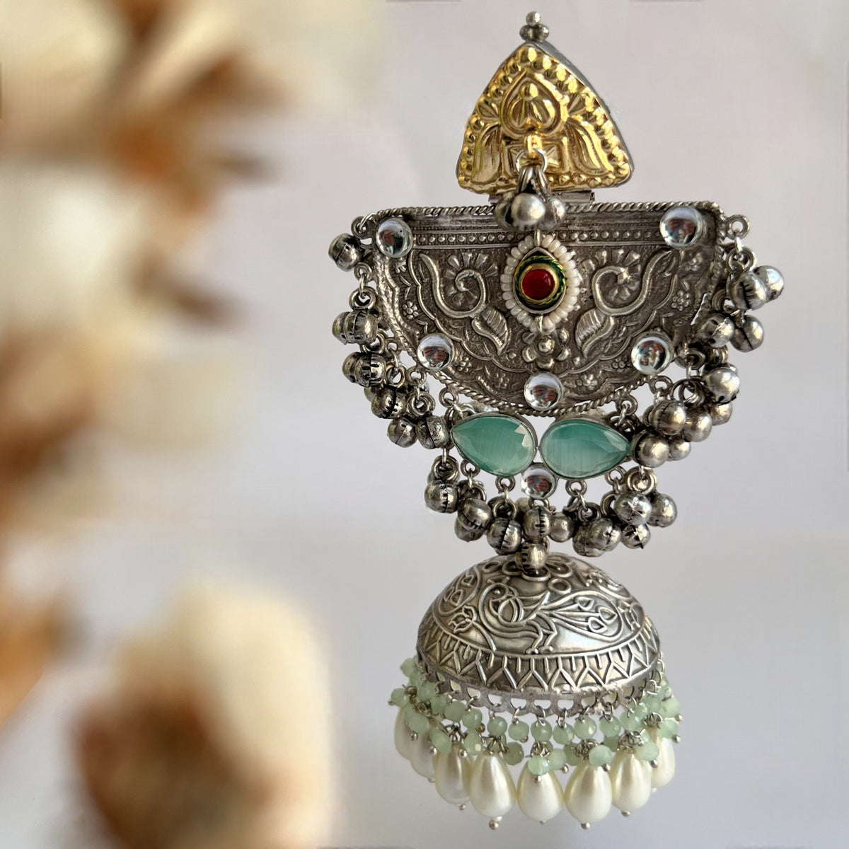 ÉLIRA SILVER LOOK ALIKE HAND HAMMERED DUAL TONED JUMBO JHUMKA ER558