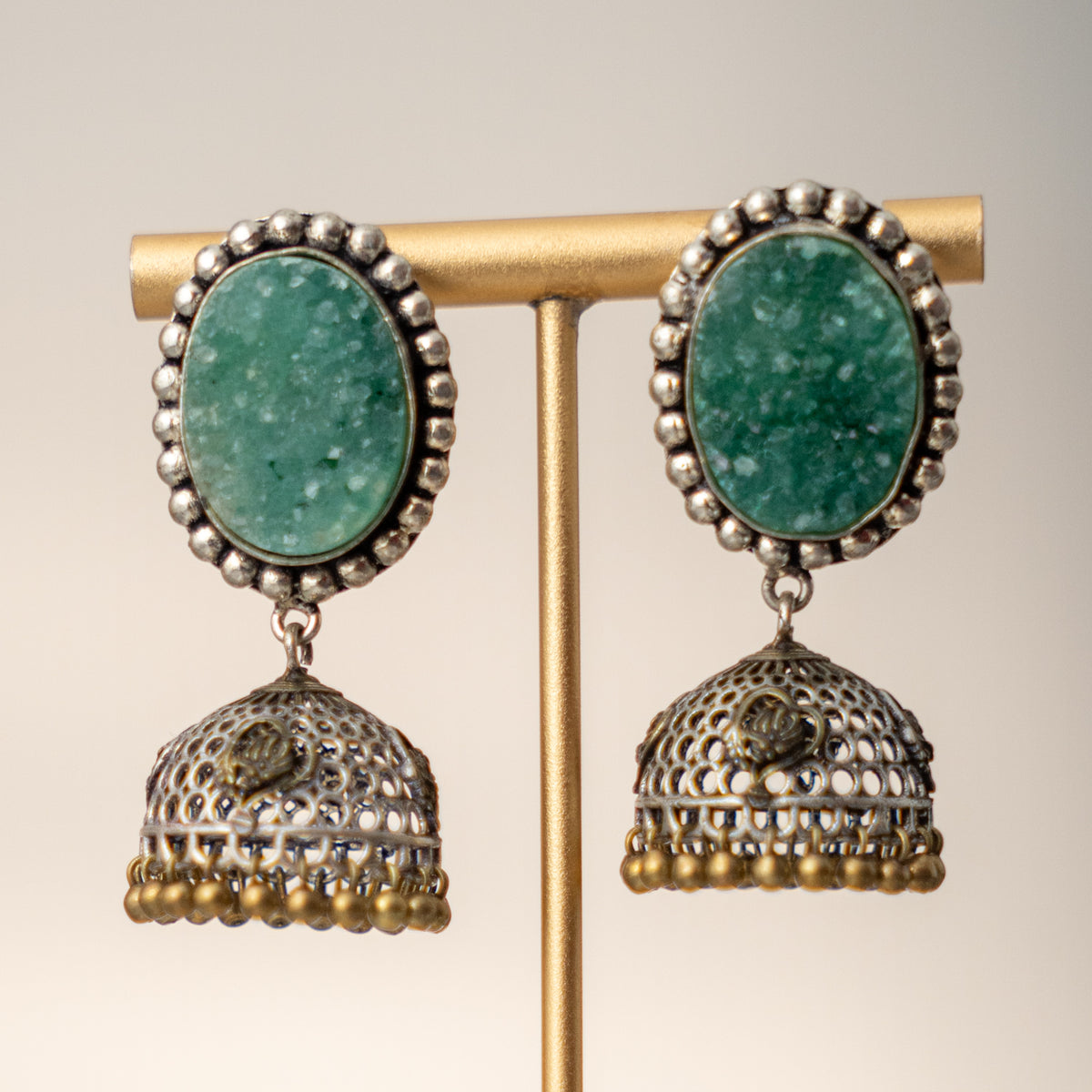 NISHASHA SEMI HANDMADE OXIDIZED AND NATURAL AGATE STONE JHUMKAS/EARRINGS ER473