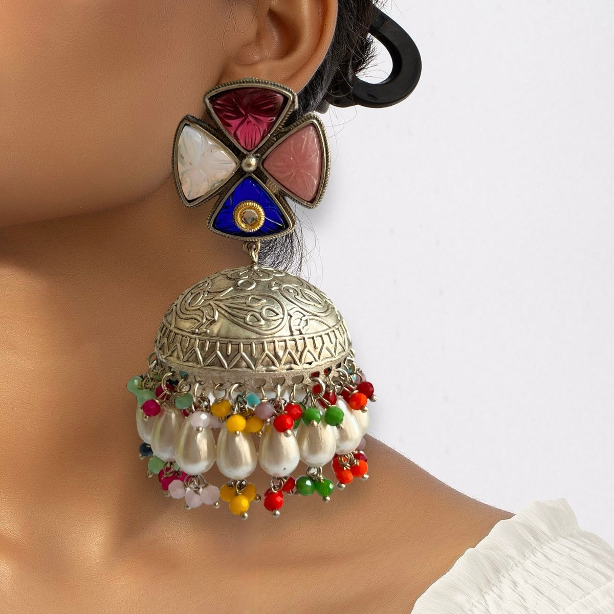 MASANI SILVER LOOK ALIKE DUAL-TONED SILVER POLISH HANDMADE JHUMKA ER573