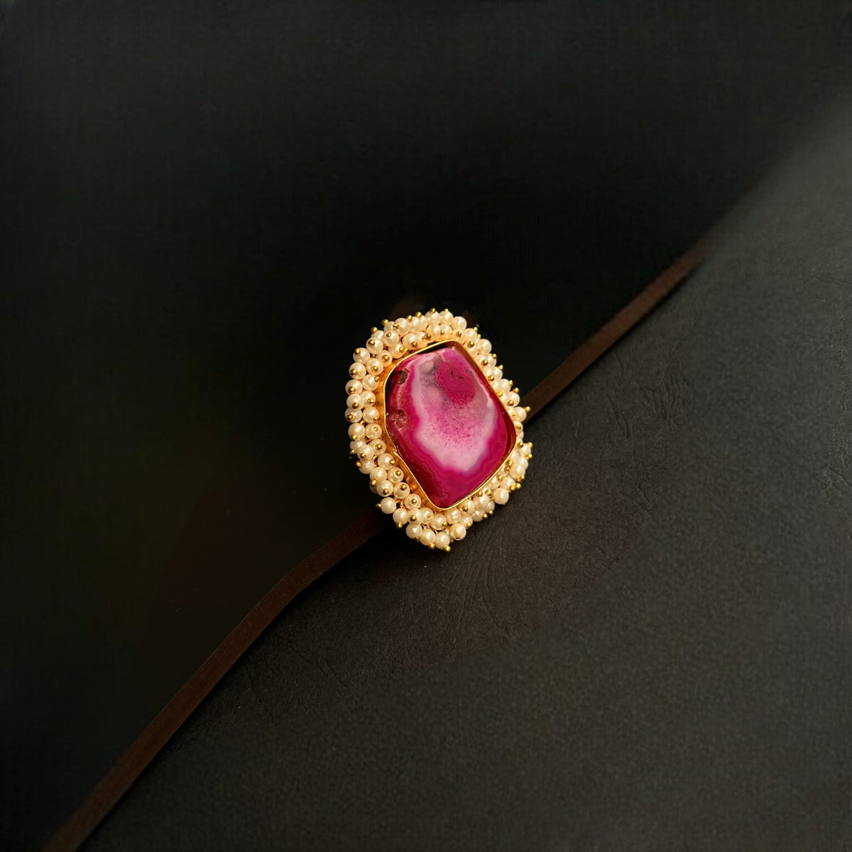 CIEL  AGATE PEARL WORK GOLD TONED RING R17