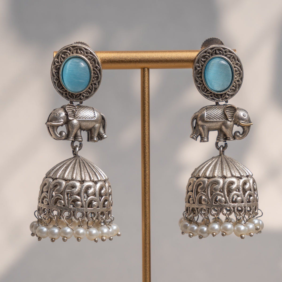 AURELIA FAUX SILVER ANTIQUE SEMI HANDMADE MONALISA STONE EARRINGS/JHUMKAS ER774