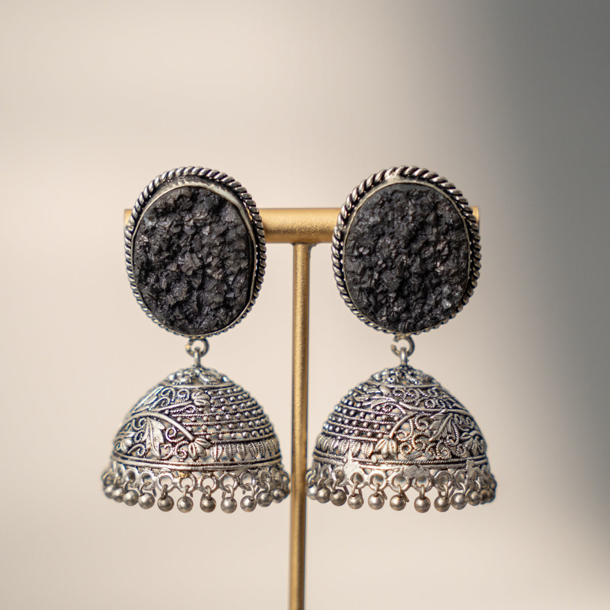 NISHASHA SEMI HANDMADE OXIDIZED AND NATURAL AGATE STONE JHUMKAS/EARRINGS ER473