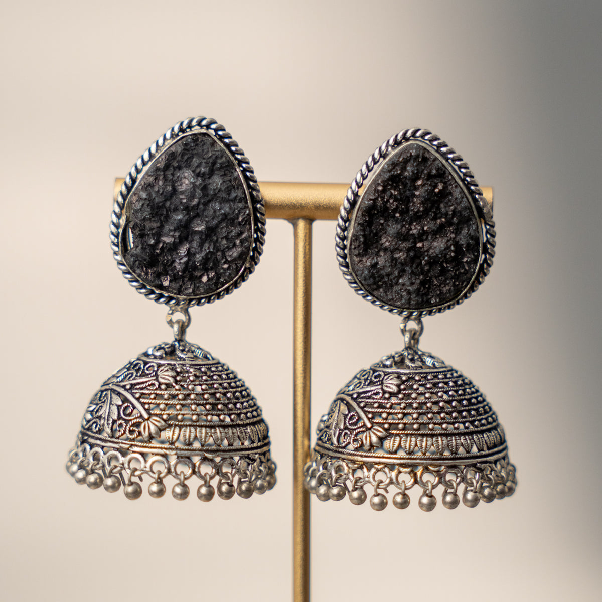 NISHASHA SEMI HANDMADE OXIDIZED AND NATURAL AGATE STONE JHUMKAS/EARRINGS ER473