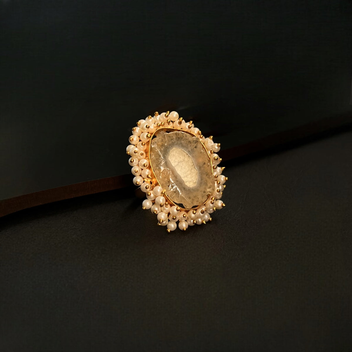 CIEL  AGATE PEARL WORK GOLD TONED RING R17