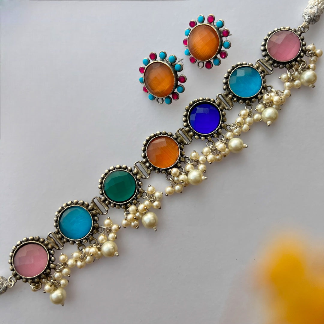 VIMAANAH FAUX SILVER BIJOUX PREMIUM AND EXCLUSIVE  SEMI HANDMADE NECKLACE WITH EARRINGS NL124