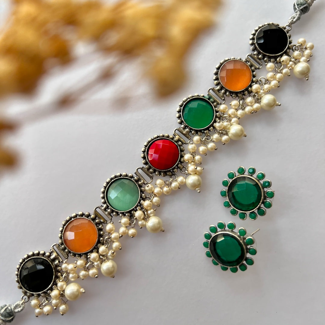 VIMAANAH FAUX SILVER BIJOUX PREMIUM AND EXCLUSIVE  SEMI HANDMADE NECKLACE WITH EARRINGS NL124