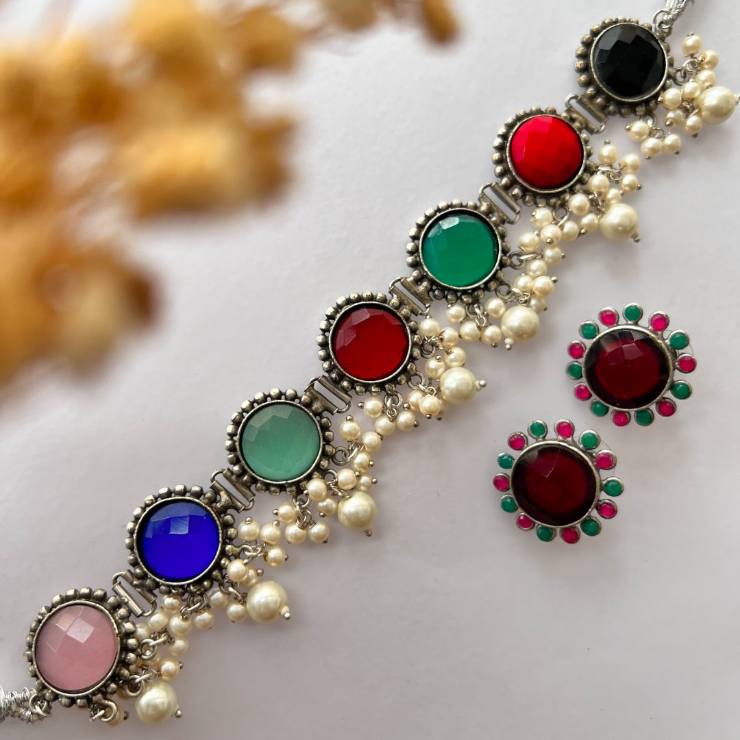 VIMAANAH FAUX SILVER BIJOUX PREMIUM AND EXCLUSIVE  SEMI HANDMADE NECKLACE WITH EARRINGS NL124