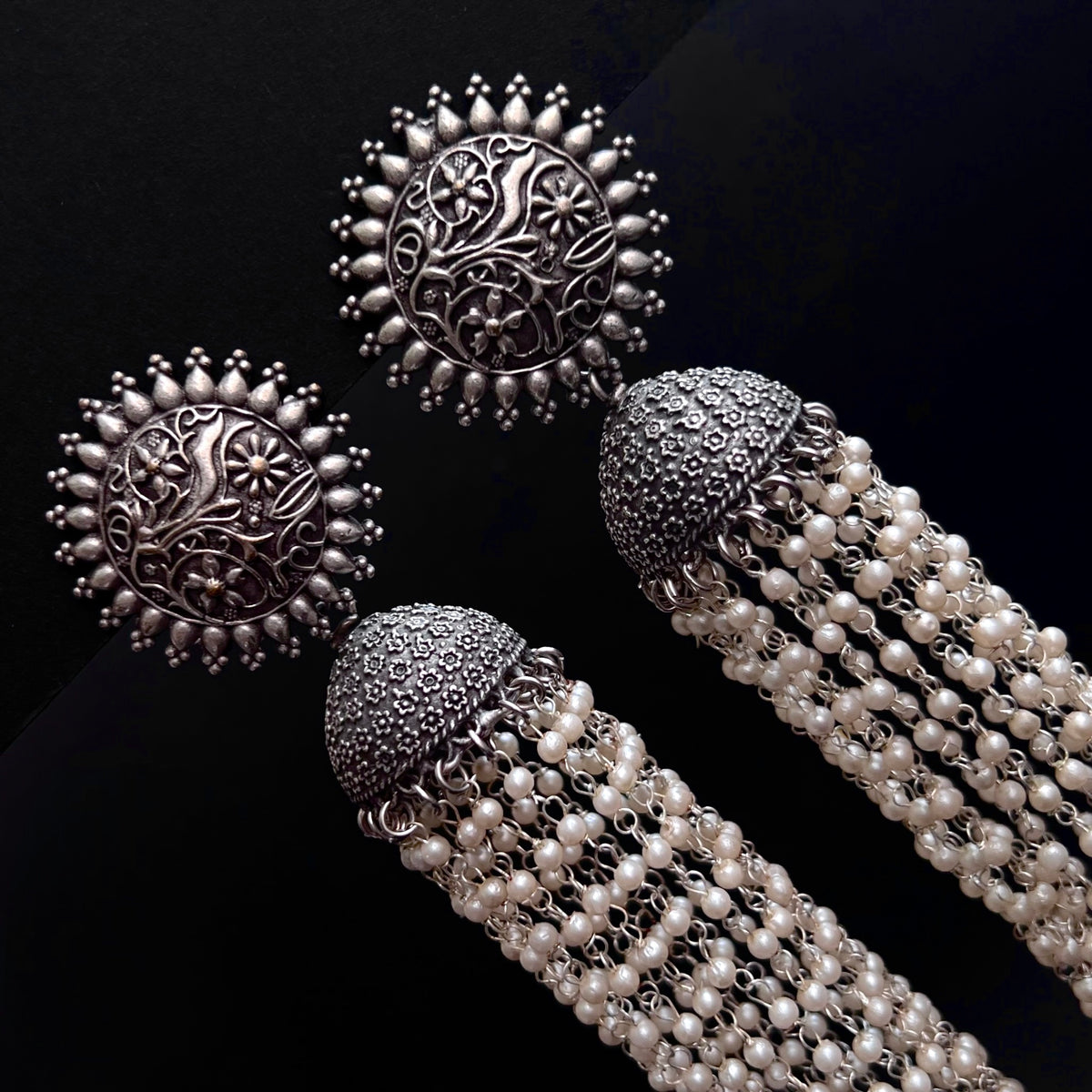 LA CHUTE SILVER LOOK ALIKE JUMBO SEMI HANDMADE JHUMKA ER188