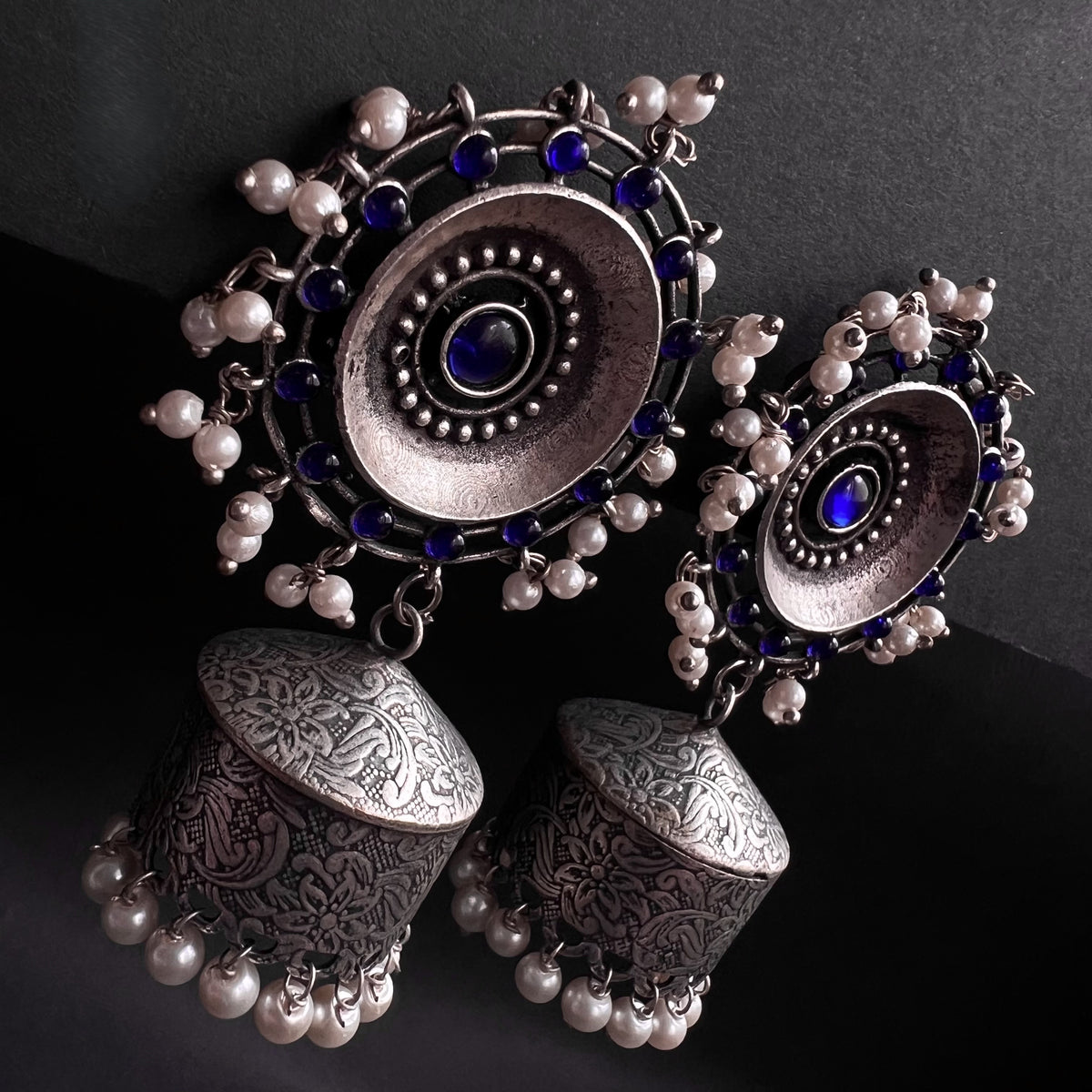 TIARA SILVER LOOK ALIKE SEMI HANDMADE JHUMKA ER180