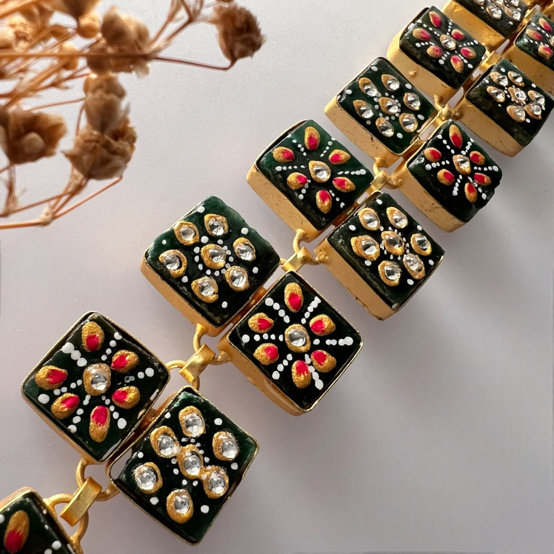 NIRAYA RAW STONE HAND PAINTED HANDMADE NECKPIECE WITH EARRINGS CH419