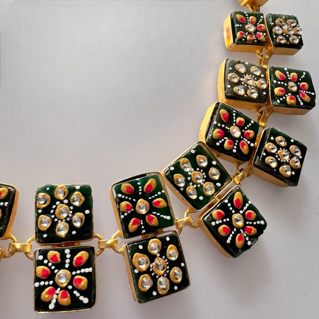 NIRAYA RAW STONE HAND PAINTED HANDMADE NECKPIECE WITH EARRINGS CH419