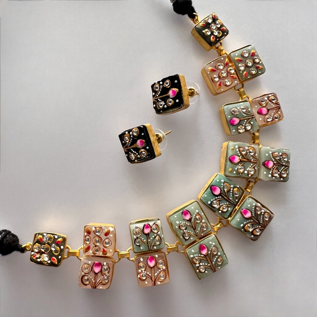 NIRAYA RAW STONE HAND PAINTED HANDMADE NECKPIECE WITH EARRINGS CH419