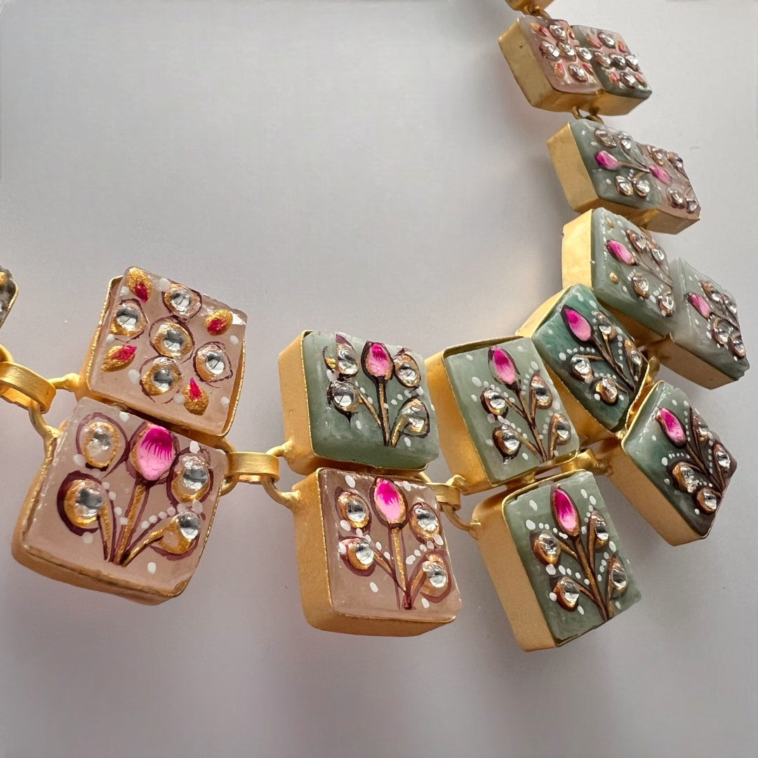 NIRAYA RAW STONE HAND PAINTED HANDMADE NECKPIECE WITH EARRINGS CH419