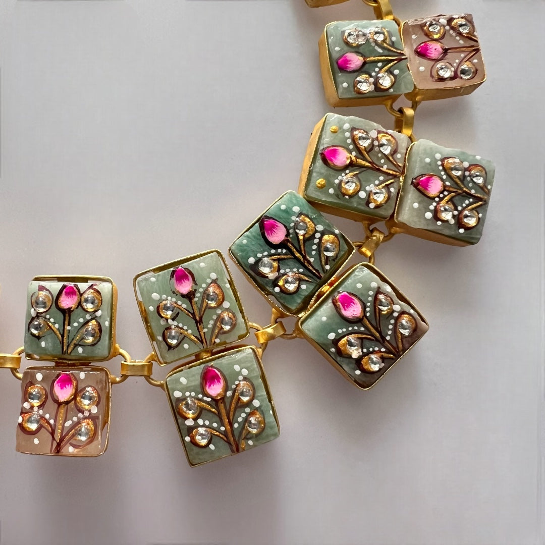 NIRAYA RAW STONE HAND PAINTED HANDMADE NECKPIECE WITH EARRINGS CH419