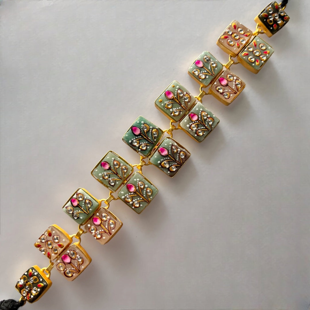 NIRAYA RAW STONE HAND PAINTED HANDMADE NECKPIECE WITH EARRINGS CH419