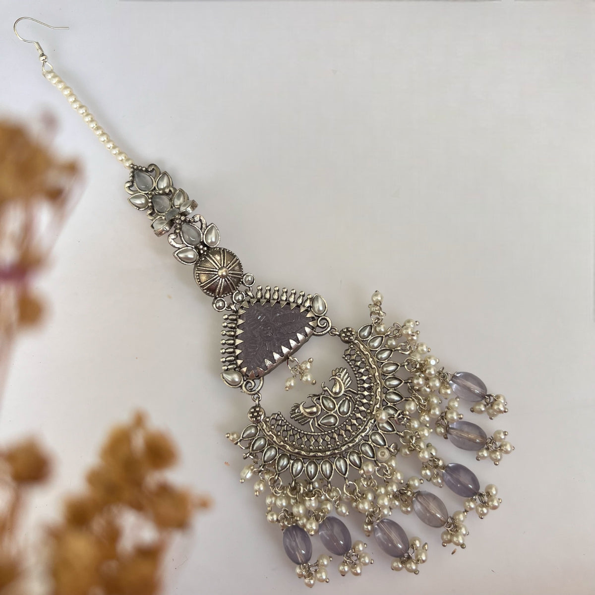 TEJA SEMIHANDMADE BEADED OXIDIZED DANGLER EARRING WITH EAR CHAIN ER570