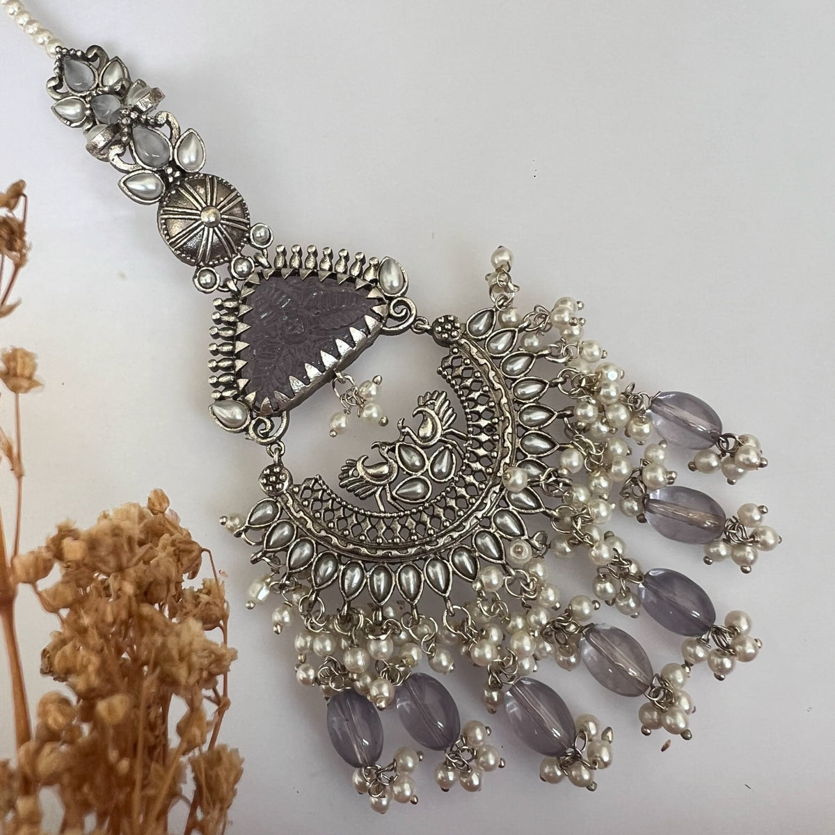 TEJA SEMIHANDMADE BEADED OXIDIZED DANGLER EARRING WITH EAR CHAIN ER570