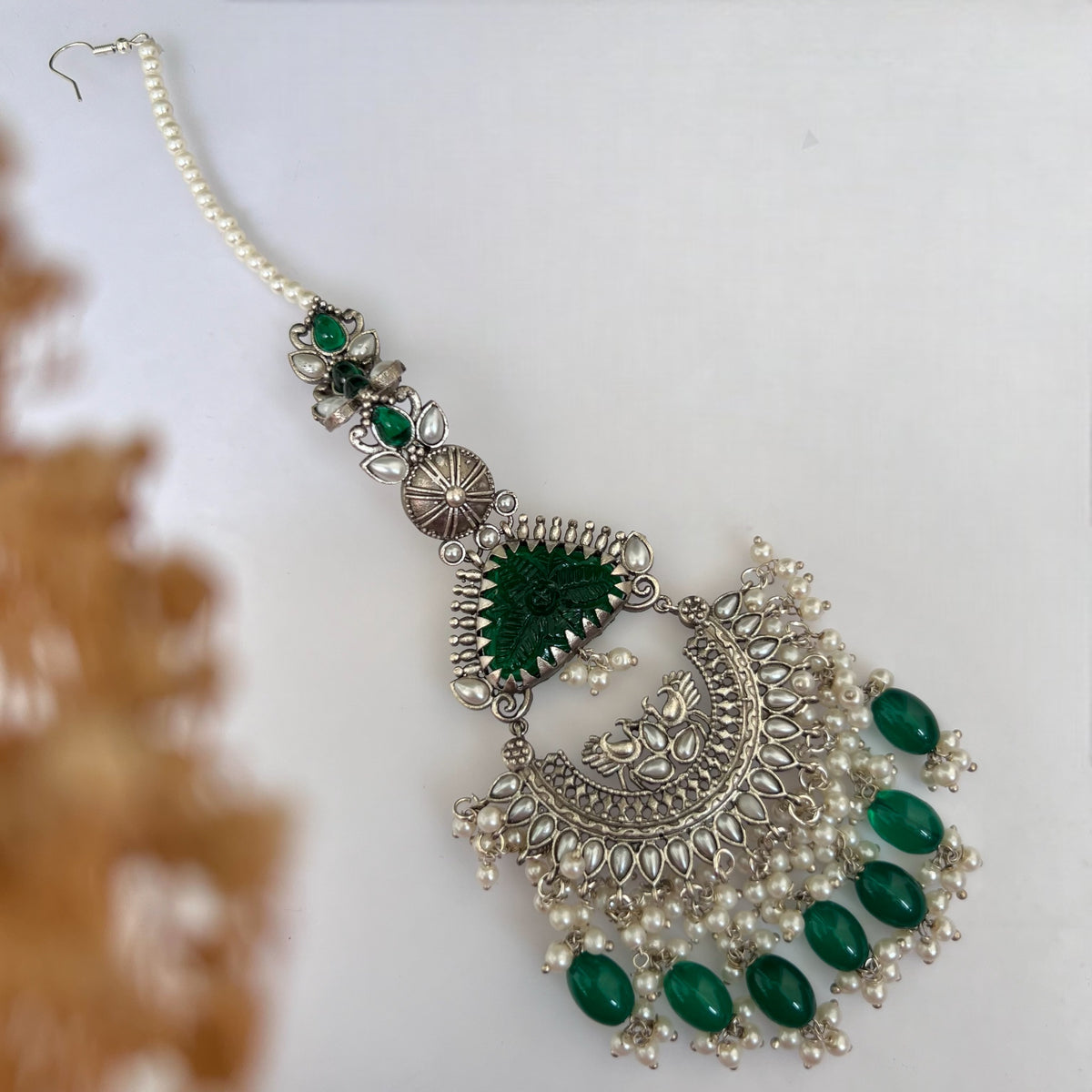TEJA SEMIHANDMADE BEADED OXIDIZED DANGLER EARRING WITH EAR CHAIN ER570
