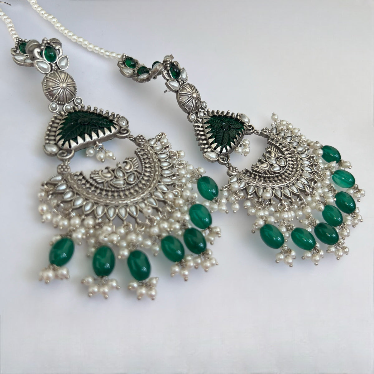TEJA SEMIHANDMADE BEADED OXIDIZED DANGLER EARRING WITH EAR CHAIN ER570