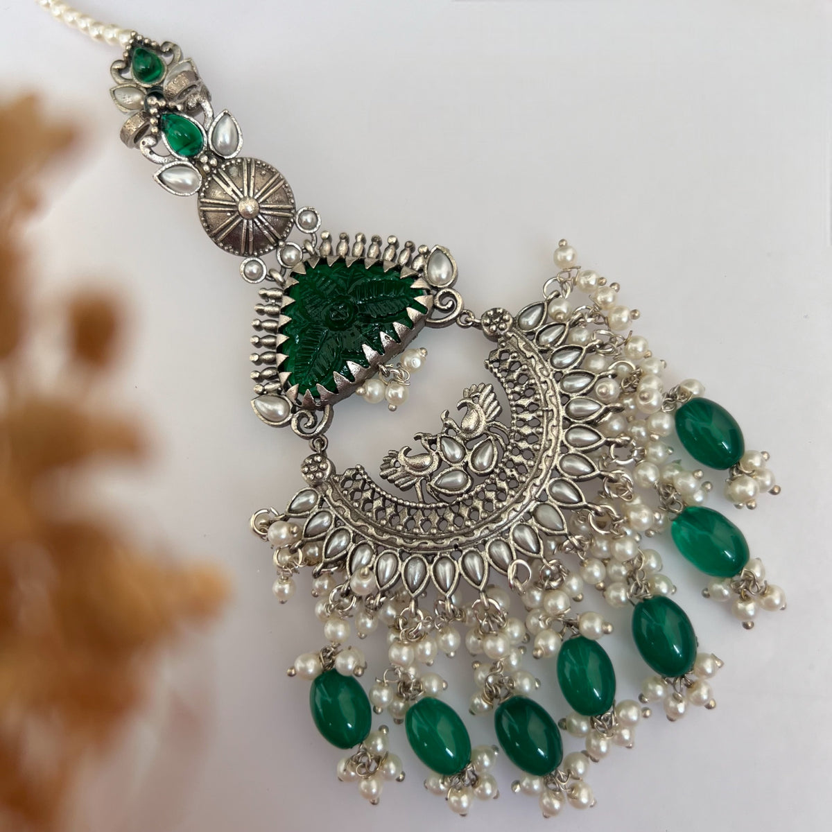 TEJA SEMIHANDMADE BEADED OXIDIZED DANGLER EARRING WITH EAR CHAIN ER570