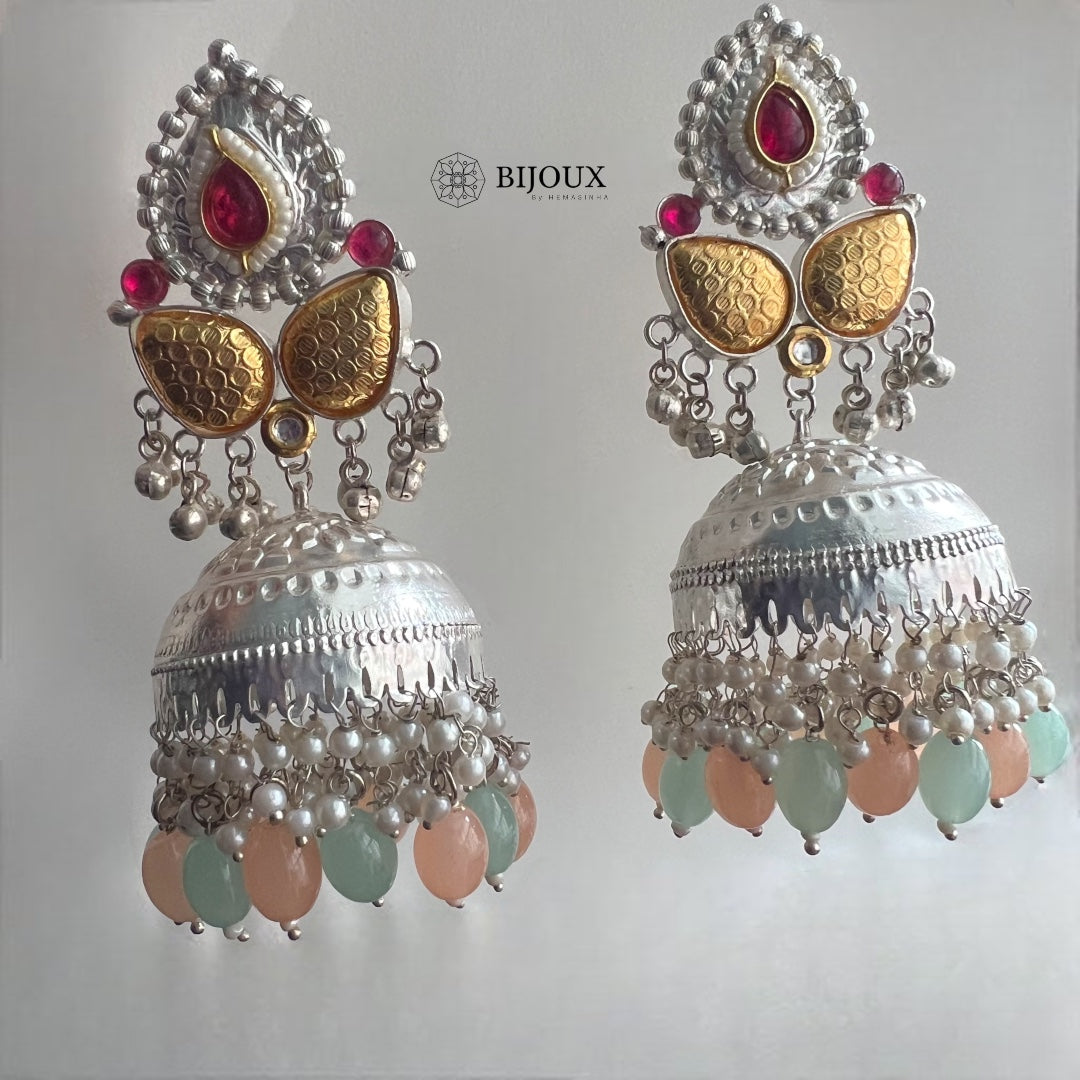 DIVA SILVER LOOK ALIKE PREMIUM POLISH HANDMADE DUALTONE JUMBO JHUMKA ER209