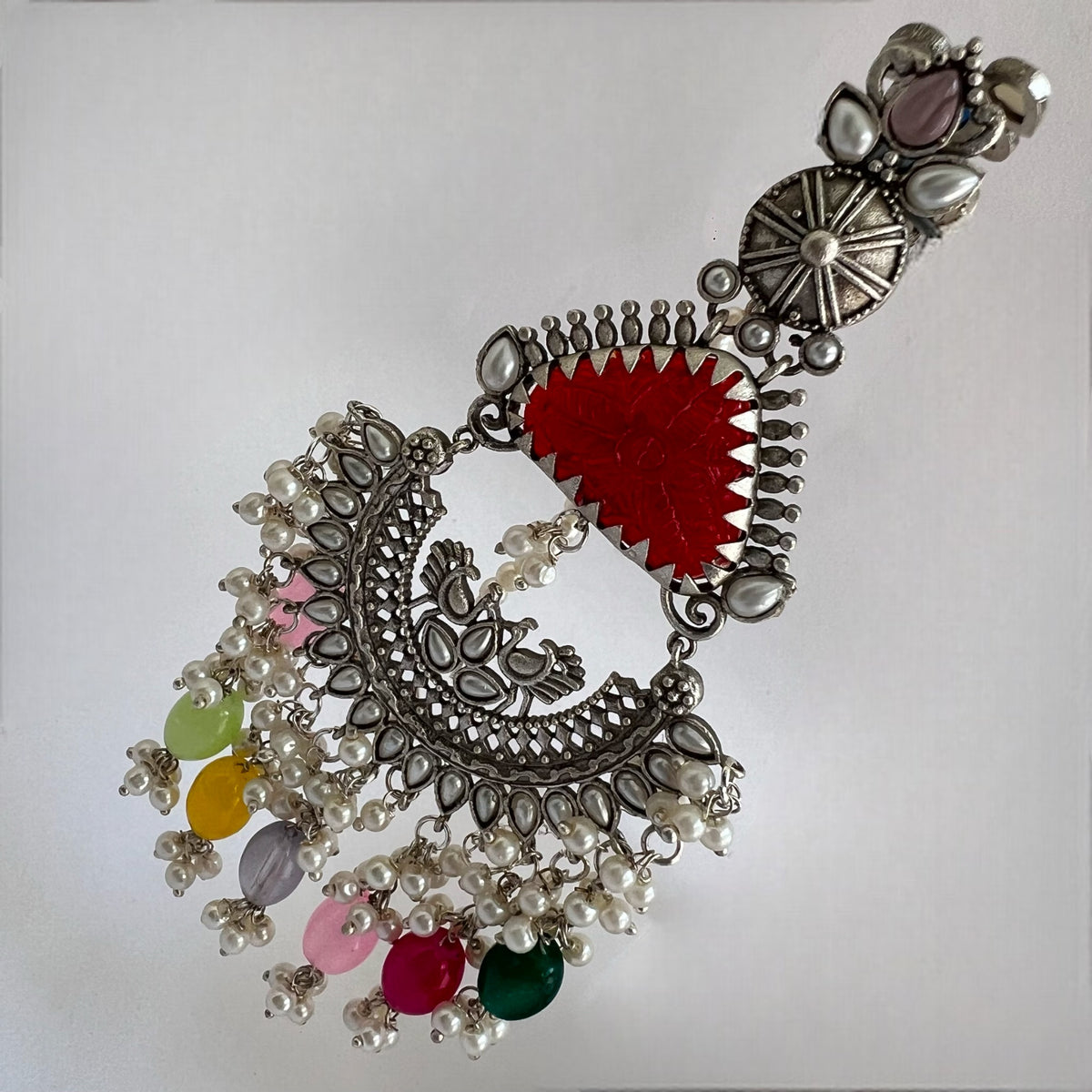 TEJA SEMIHANDMADE BEADED OXIDIZED DANGLER EARRING WITH EAR CHAIN ER570