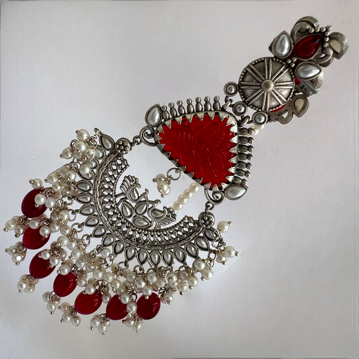 TEJA SEMIHANDMADE BEADED OXIDIZED DANGLER EARRING WITH EAR CHAIN ER570