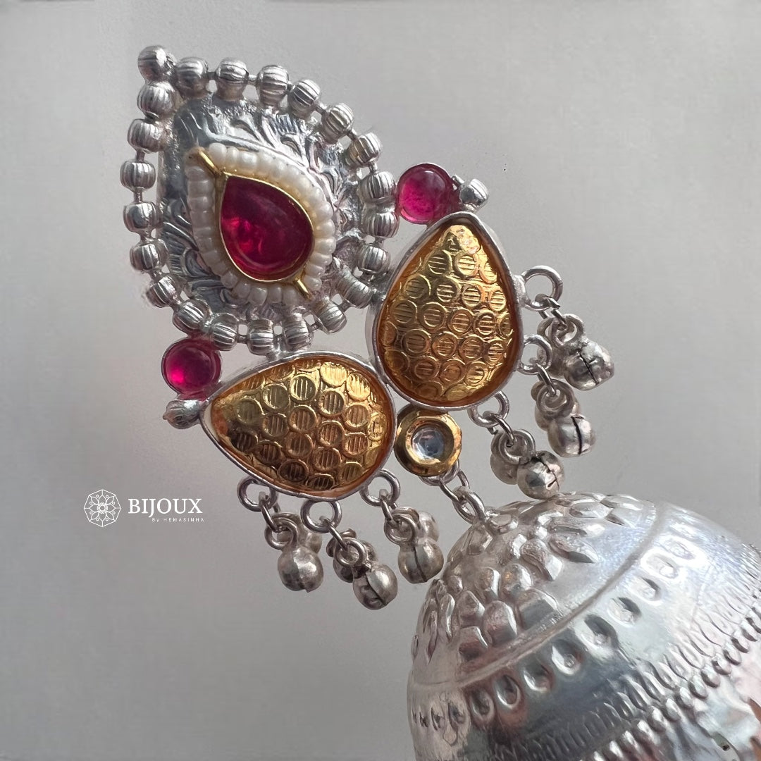 DIVA SILVER LOOK ALIKE PREMIUM POLISH HANDMADE DUALTONE JUMBO JHUMKA ER209