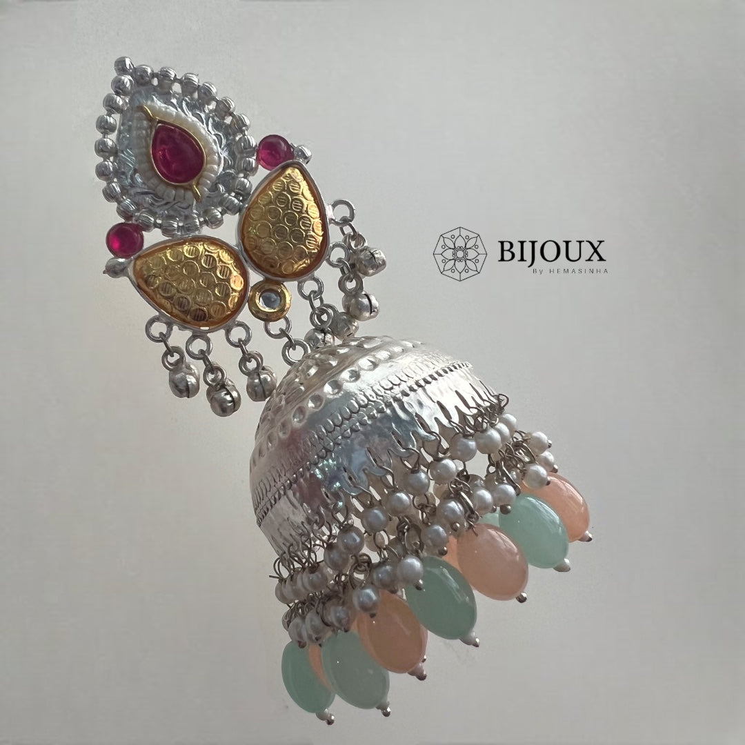 DIVA SILVER LOOK ALIKE PREMIUM POLISH HANDMADE DUALTONE JUMBO JHUMKA ER209