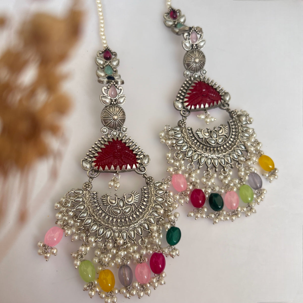 TEJA SEMIHANDMADE BEADED OXIDIZED DANGLER EARRING WITH EAR CHAIN ER570