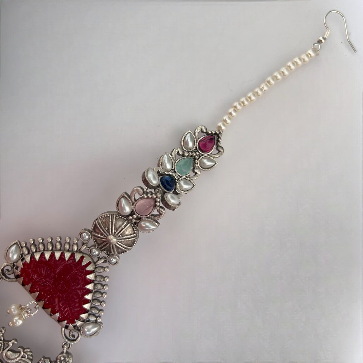 TEJA SEMIHANDMADE BEADED OXIDIZED DANGLER EARRING WITH EAR CHAIN ER570