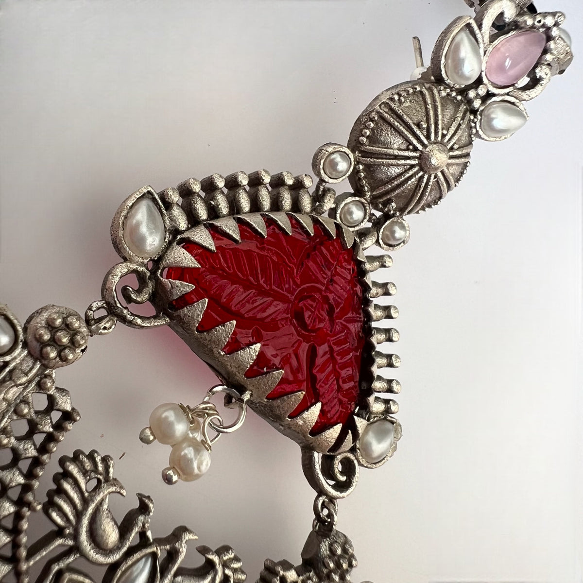 TEJA SEMIHANDMADE BEADED OXIDIZED DANGLER EARRING WITH EAR CHAIN ER570