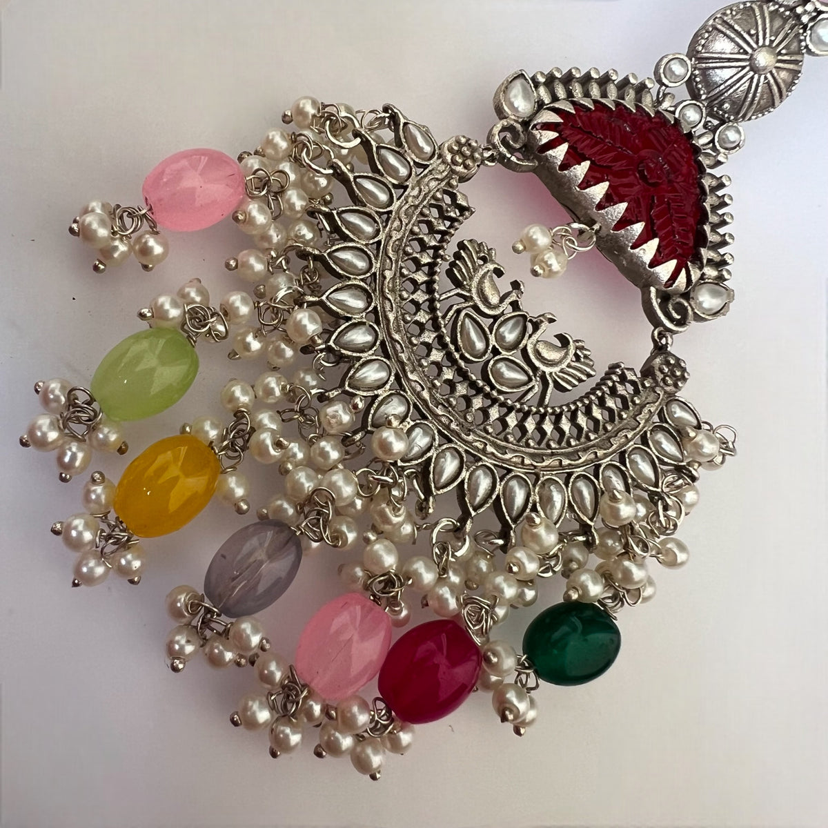 TEJA SEMIHANDMADE BEADED OXIDIZED DANGLER EARRING WITH EAR CHAIN ER570