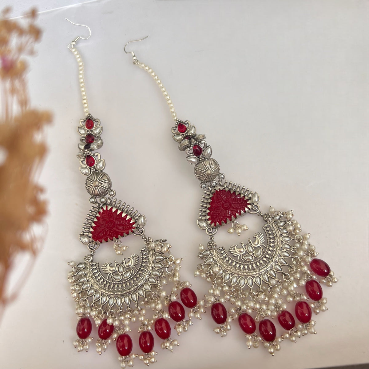 TEJA SEMIHANDMADE BEADED OXIDIZED DANGLER EARRING WITH EAR CHAIN ER570