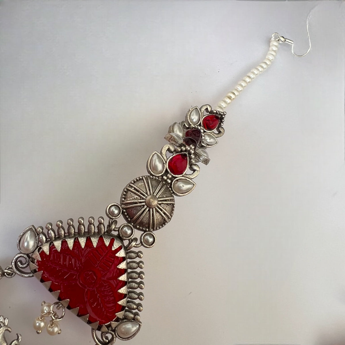 TEJA SEMIHANDMADE BEADED OXIDIZED DANGLER EARRING WITH EAR CHAIN ER570