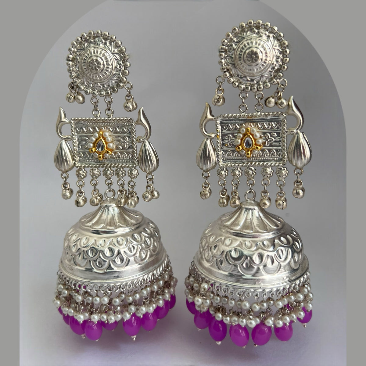 PARITHA SILVER LOOK ALIKE PREMIUM POLISH HANDMADE DUAL TONE JUMBO JHUMKA ER361