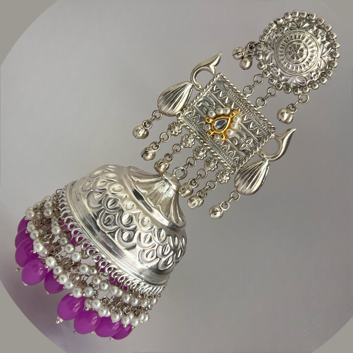 PARITHA SILVER LOOK ALIKE PREMIUM POLISH HANDMADE DUAL TONE JUMBO JHUMKA ER361