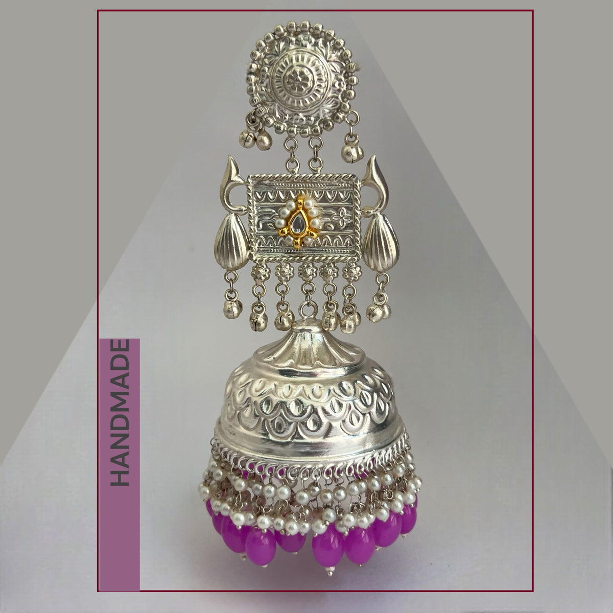 PARITHA SILVER LOOK ALIKE PREMIUM POLISH HANDMADE DUAL TONE JUMBO JHUMKA ER361