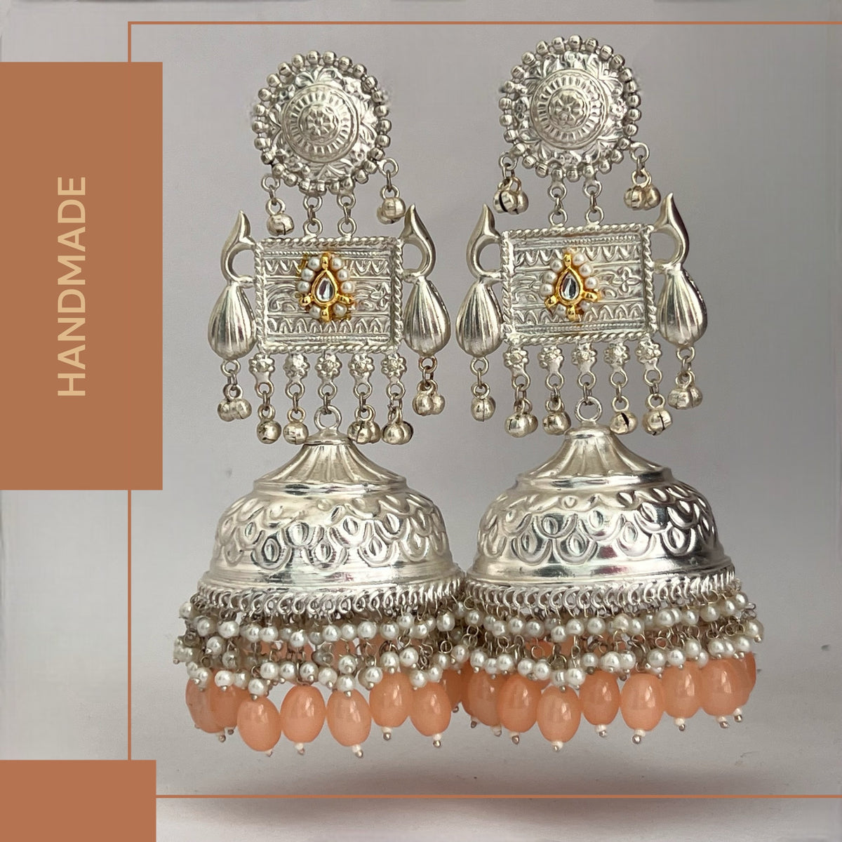 PARITHA SILVER LOOK ALIKE PREMIUM POLISH HANDMADE DUAL TONE JUMBO JHUMKA ER361