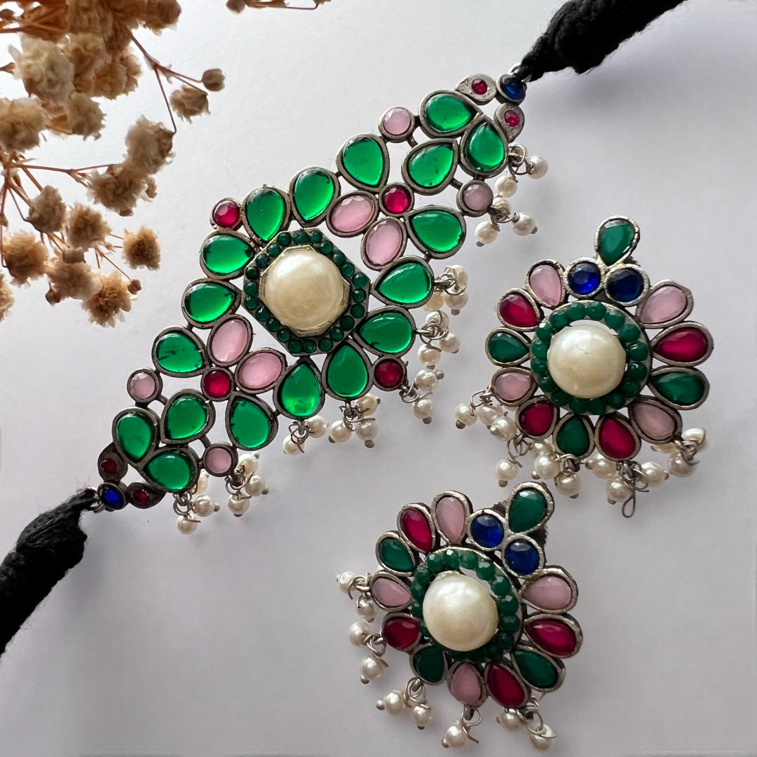 NIRANYA SILVER LOOK ALINE SEMI HANDMADE CHOKER WITH EARRINGS CH71