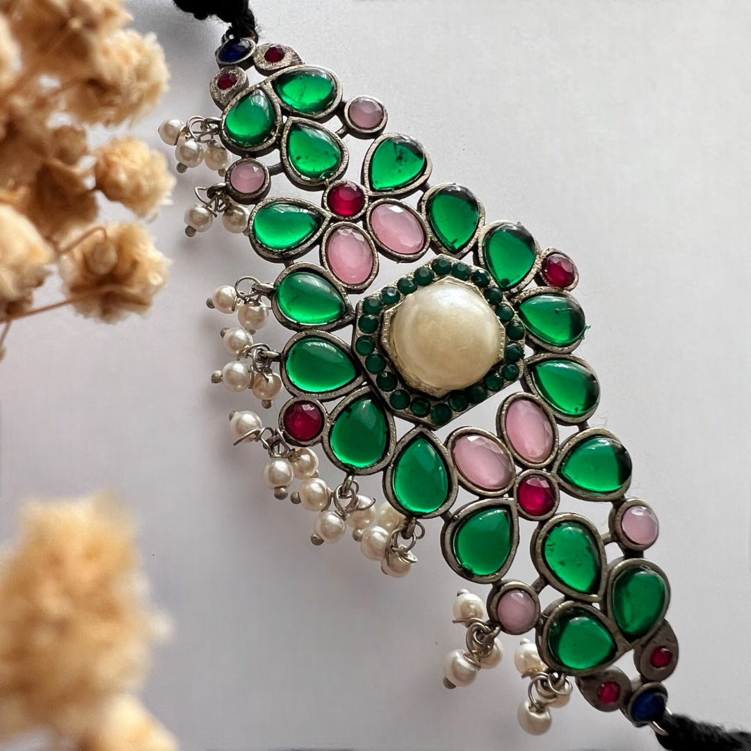 NIRANYA SILVER LOOK ALINE SEMI HANDMADE CHOKER WITH EARRINGS CH71