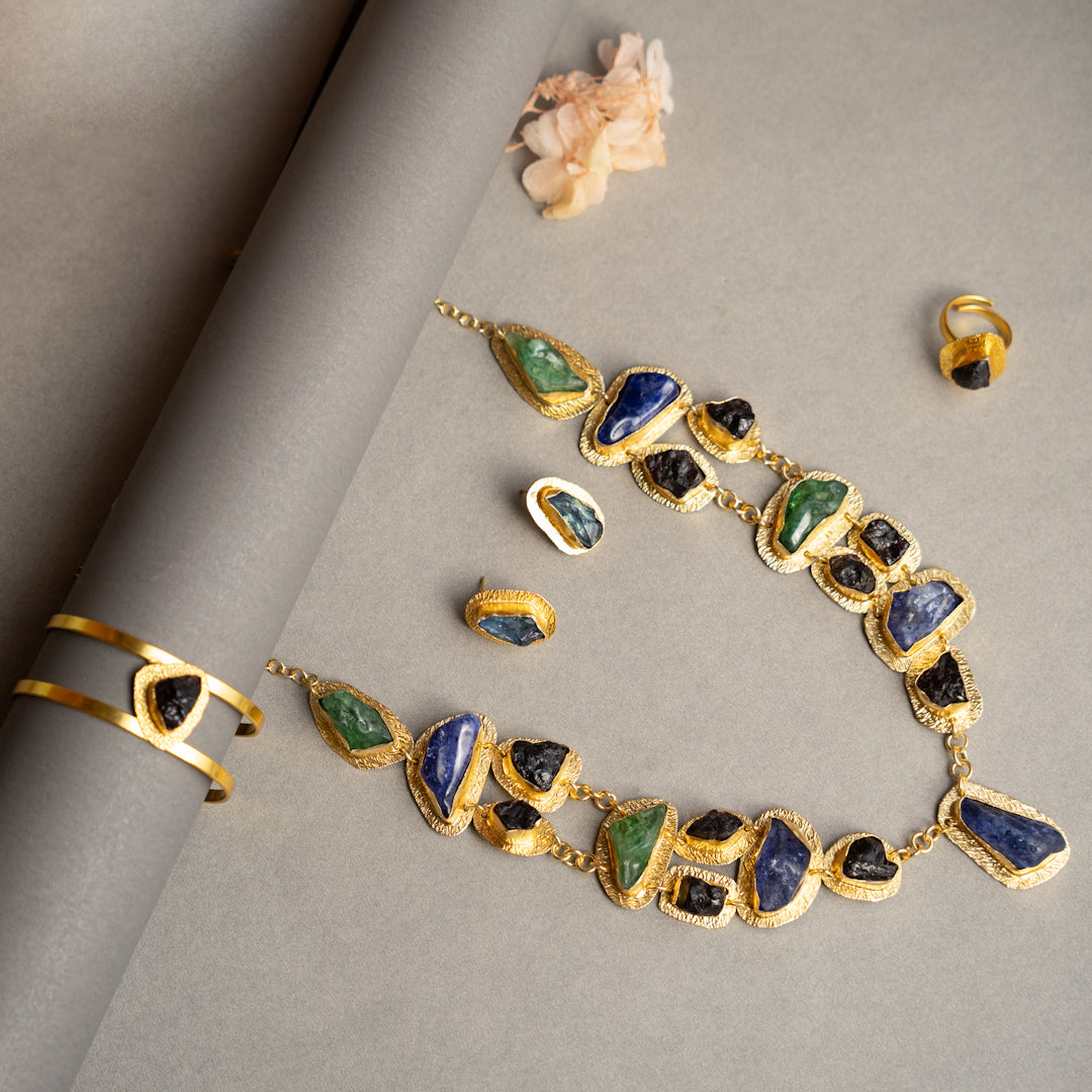 THAMIZHACHI BIJOUX EXCLUSIVE AND PREMIUM RAW STONES AND MOP HANDMADE GOLD TONED NECKPIECE/NECKLACE, BRACELET CUFF, RING WITH EARRING SET NL145
